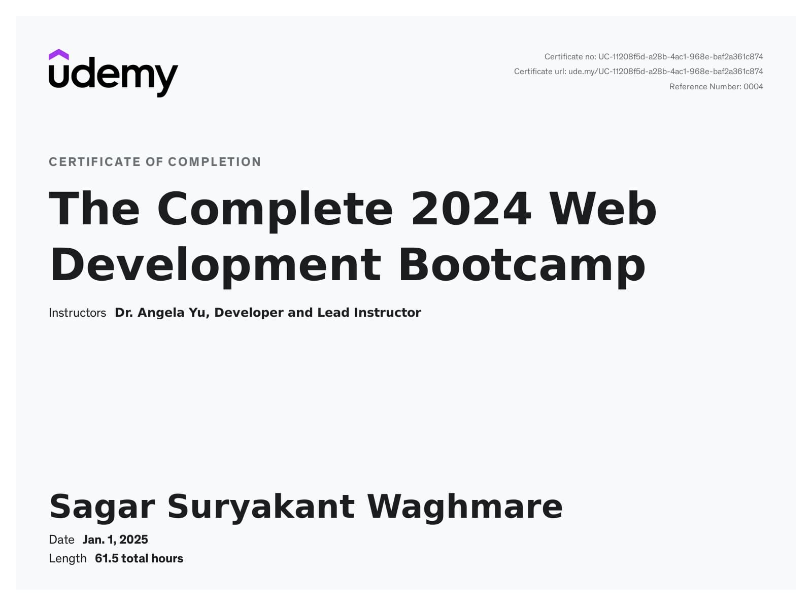 The Complete Full-Stack Web Development Bootcamp certificate
