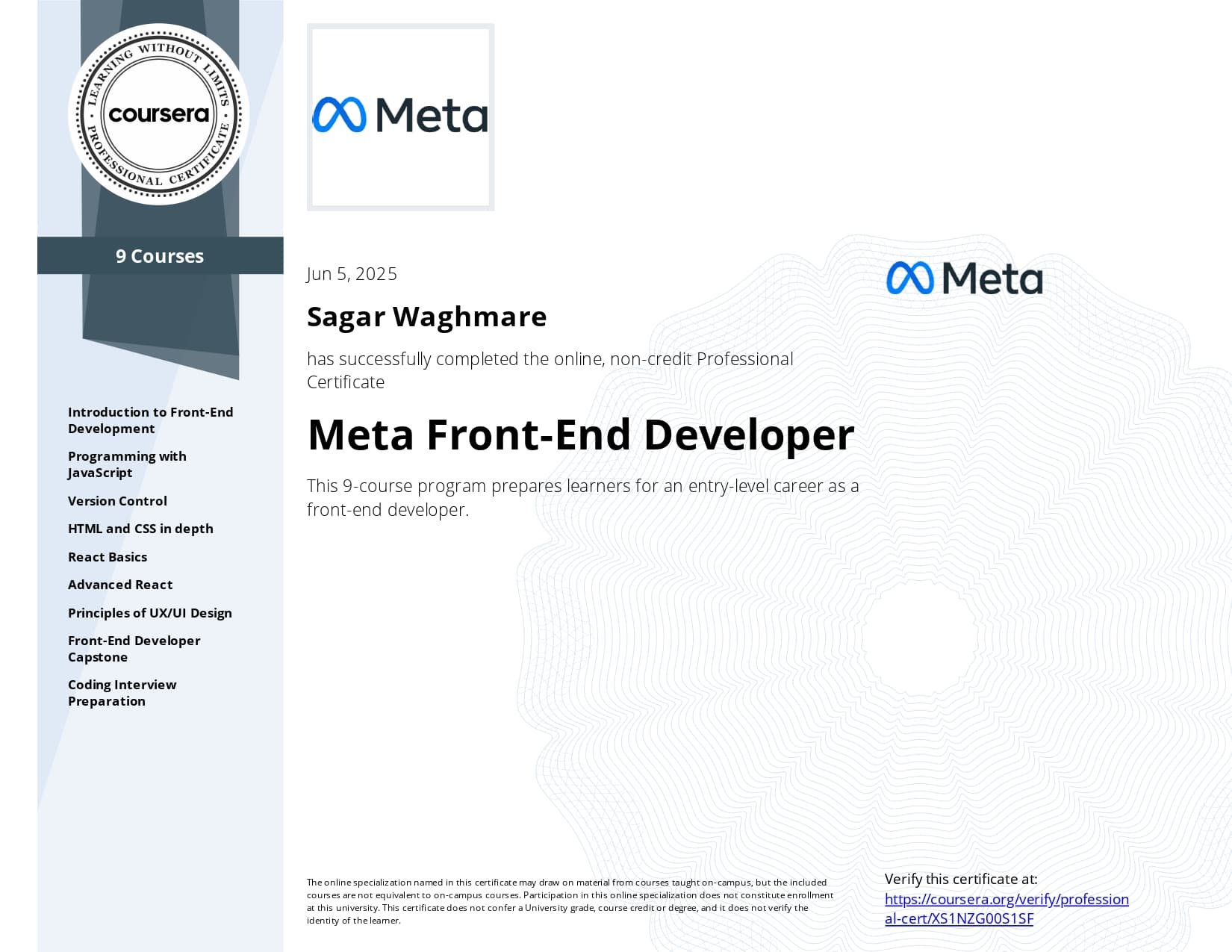 Meta Front-End Developer Specialization certificate
